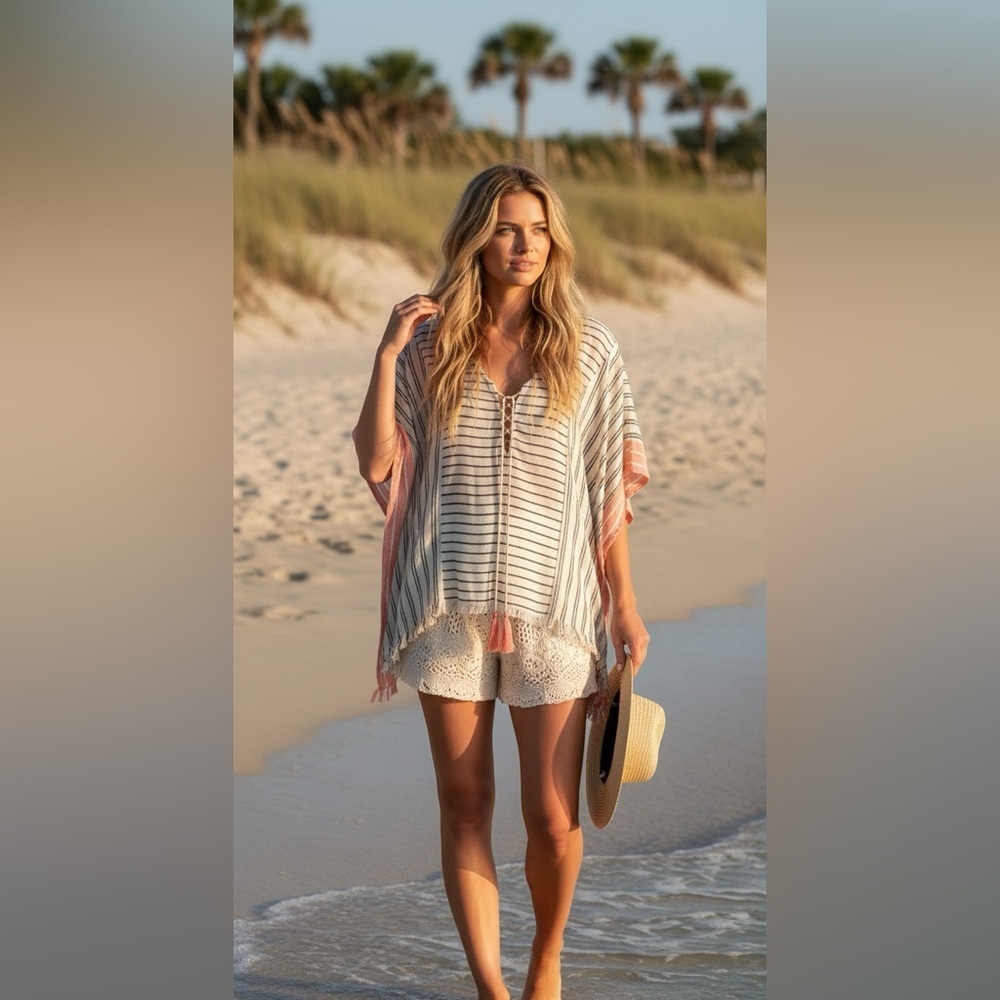 Quagga Striped Top/Swim Cover-Up with Coral Accents